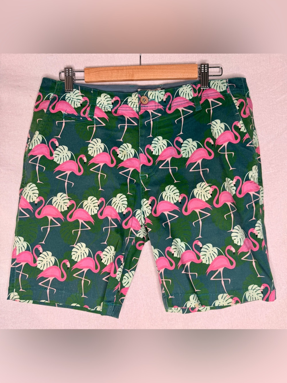 Oxford Lads Men’s Flat Front Shorts — Pink Flamingo Print on Teal Green